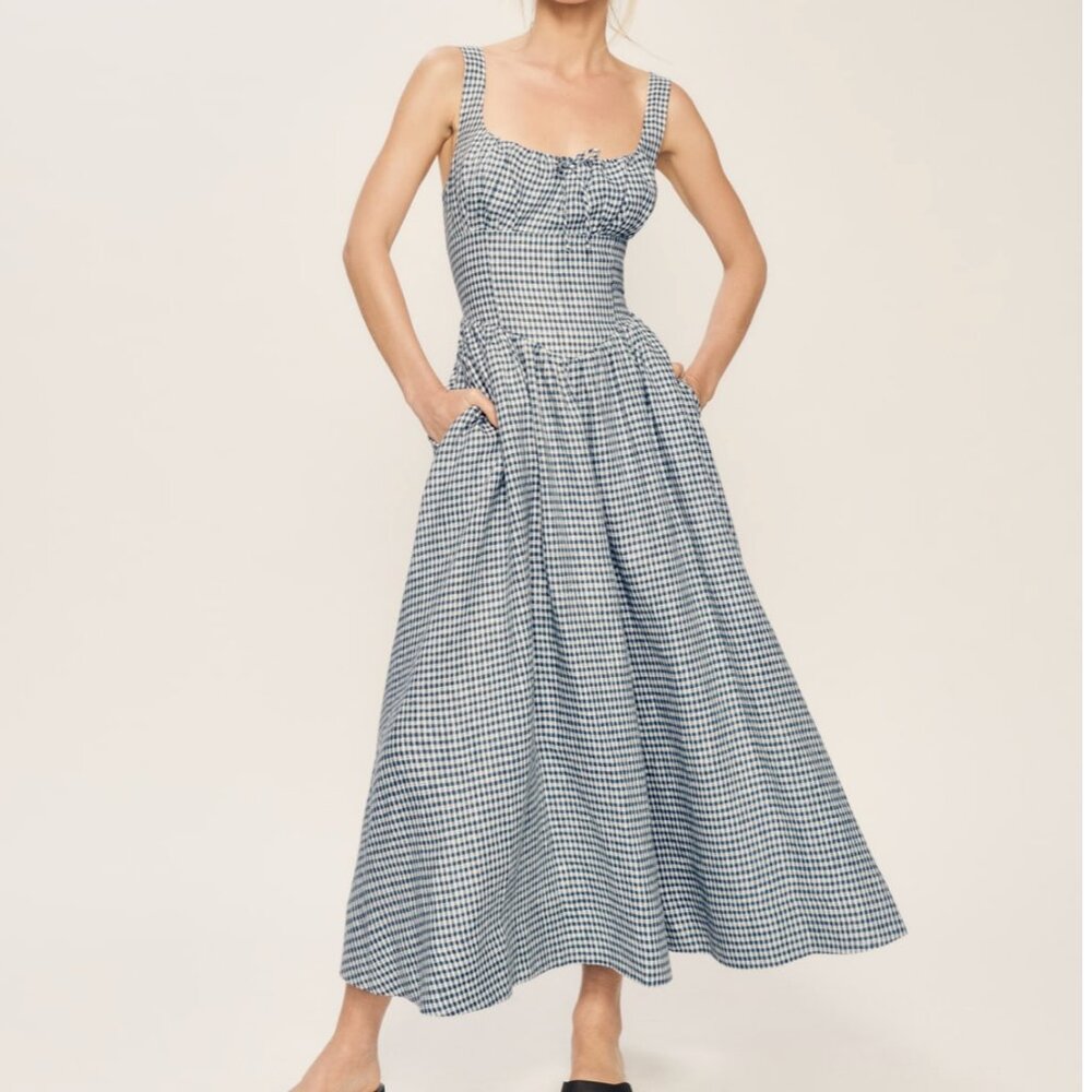 BEST Reformation Balia Linen Midi Dress Sz0 Slate Check Linen Vacation Party - Picture 11 of 13